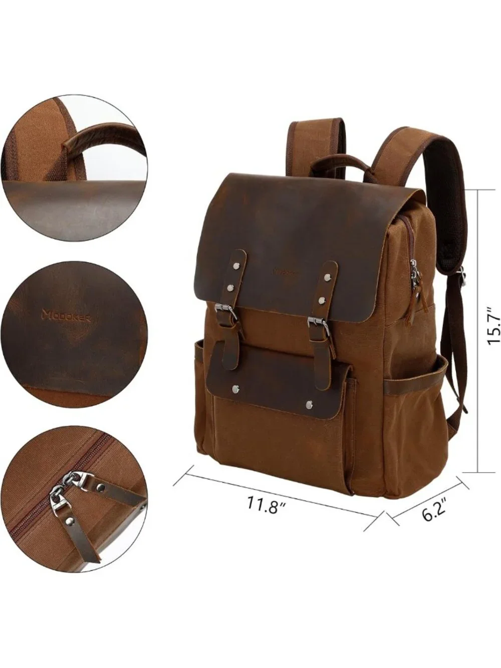 Vintage Waxed Canvas Backpack, Leather Rucksack for Travel & Laptop, 15.6